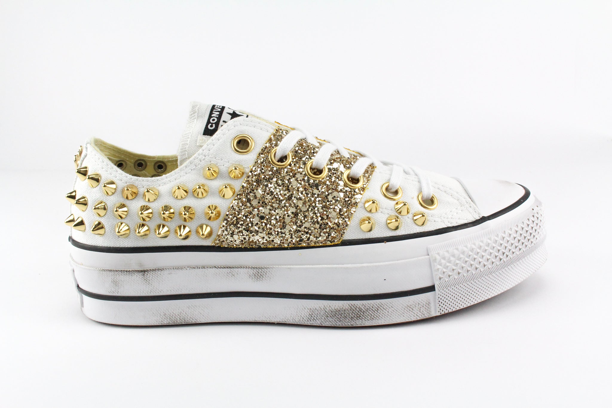 Converse All Star Platform Bassa White Borchie Gold Glitter