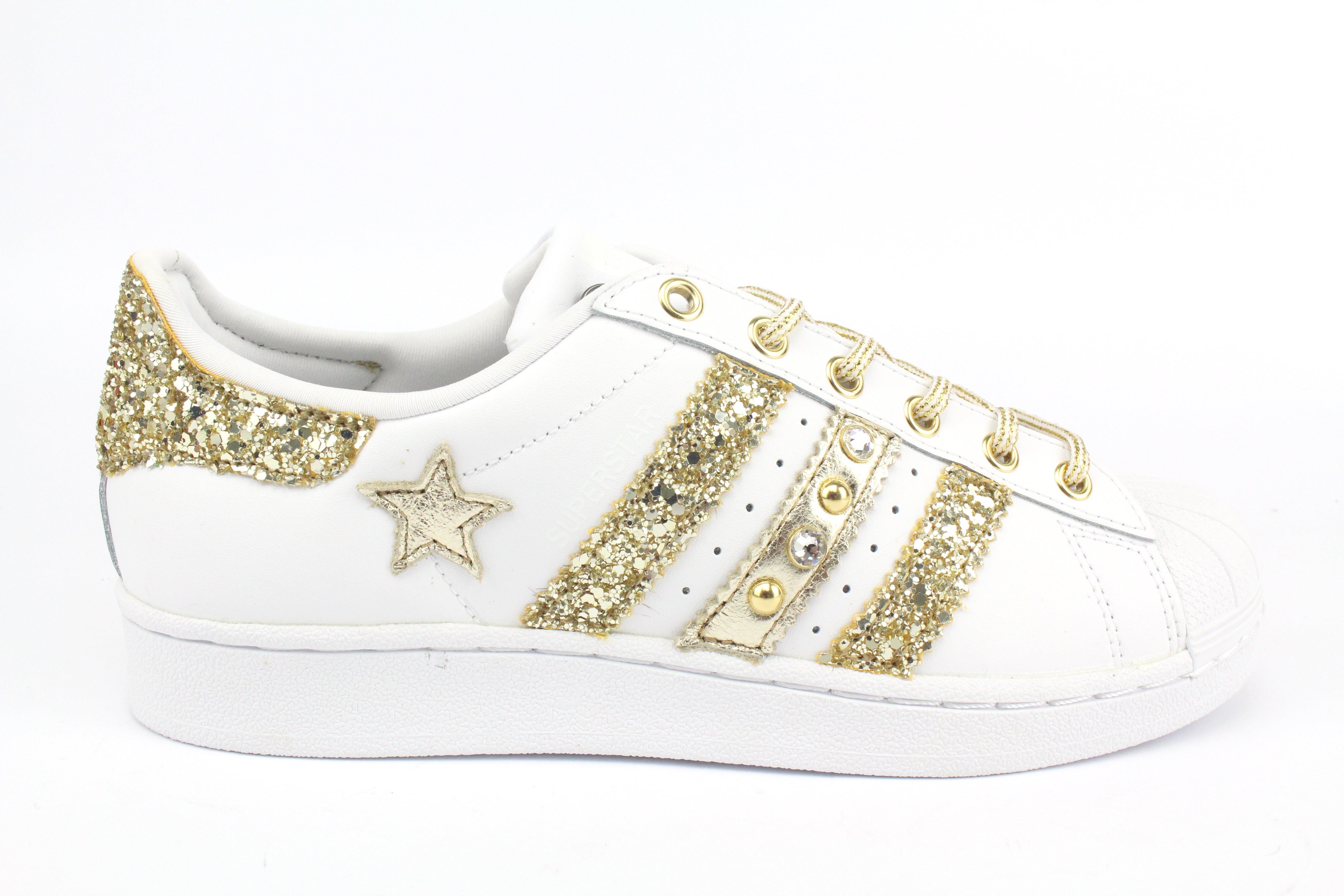 Adidas Superstar Glitter Gold Stella Gold Strass & Lacci Raso