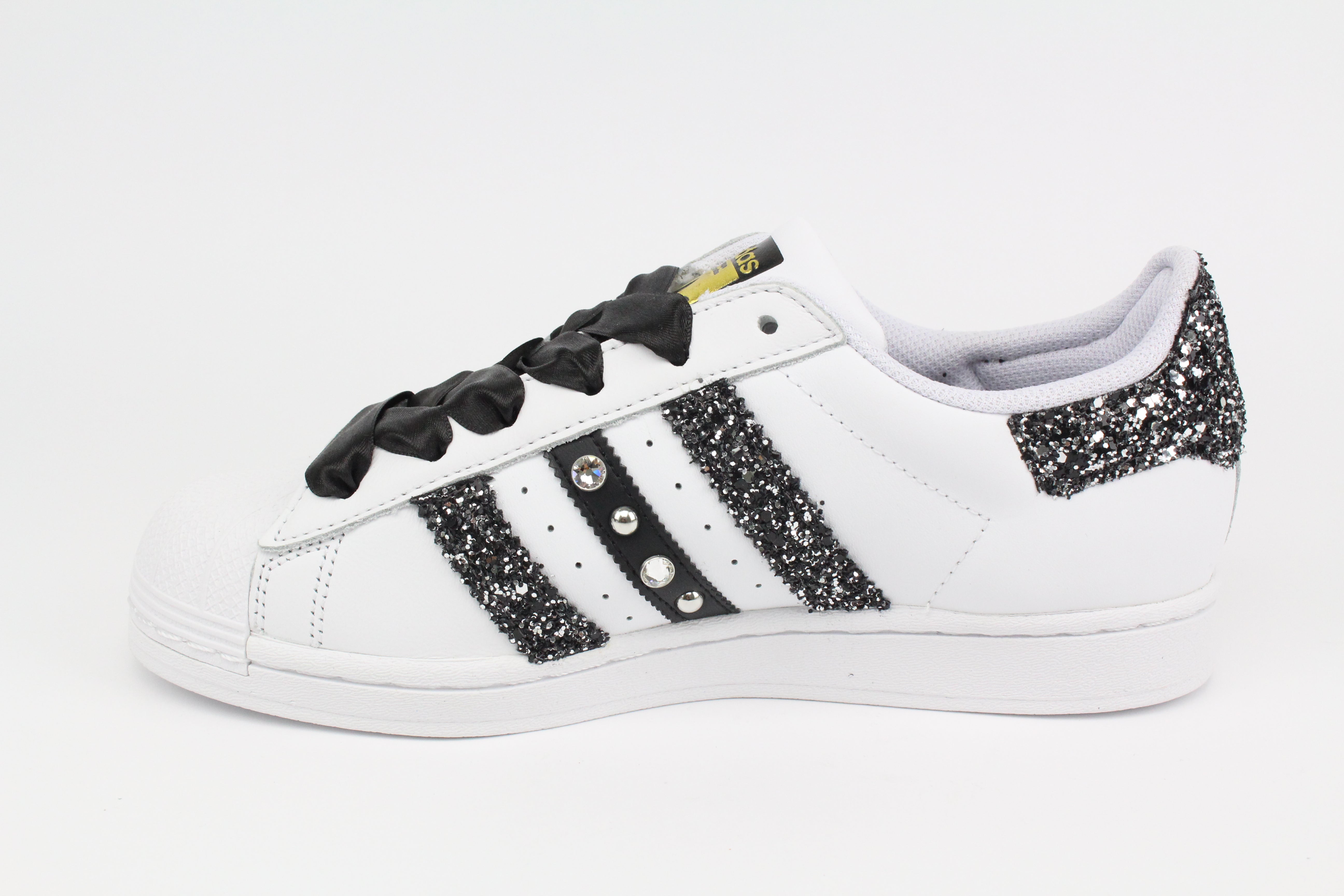 Adidas Superstar Glitter Black Silver Heart Strass &amp; Satin Laces