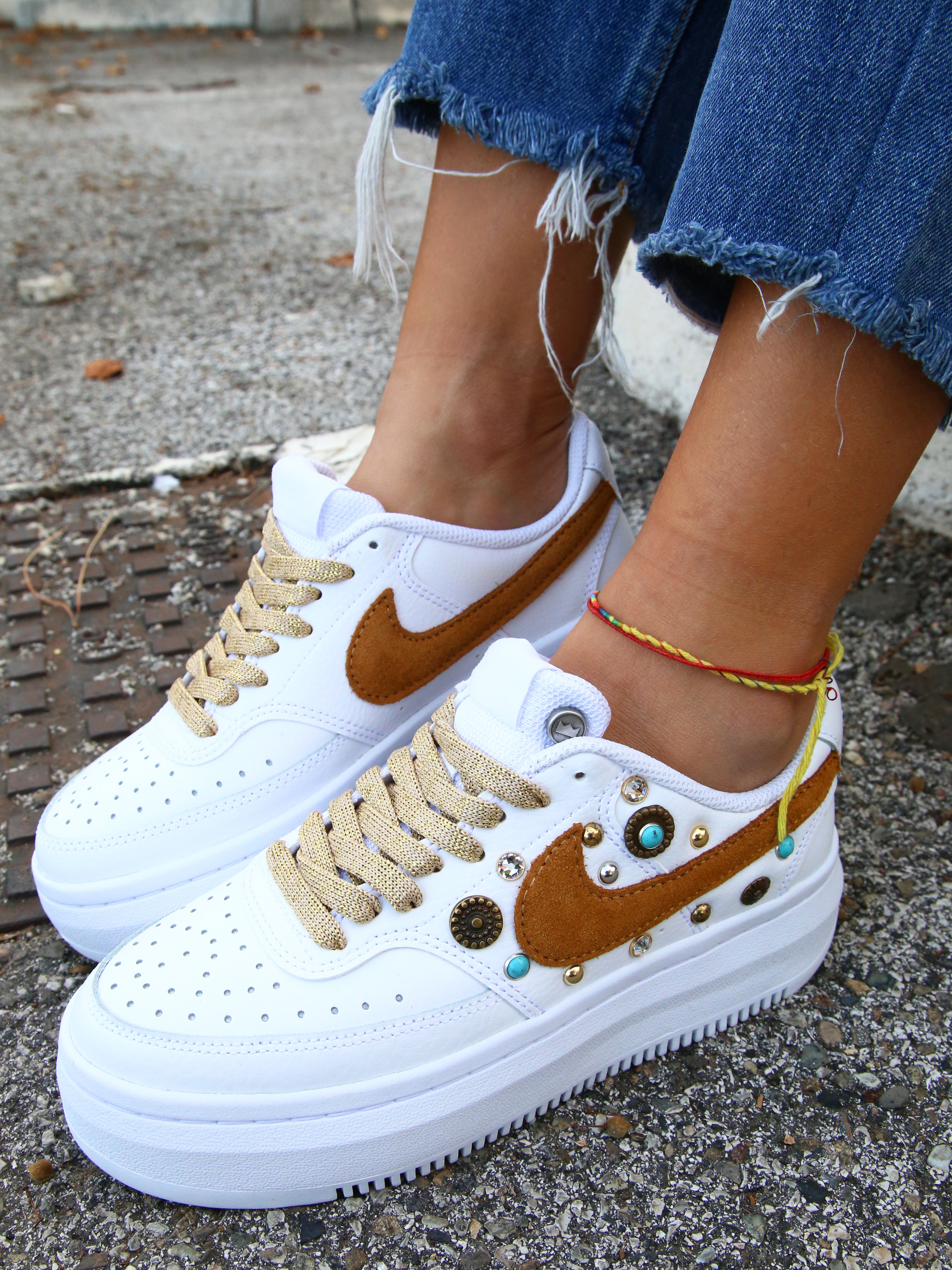 Nike Court Vision Low Platform Gold Glitter Studs &amp; Rhinestones