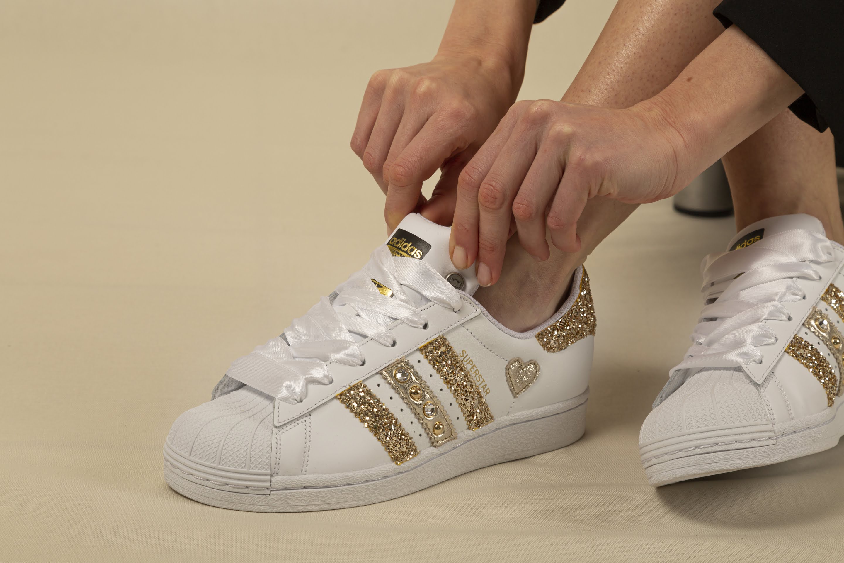 Adidas Superstar Glitter Gold Heart Gold Rhinestones &amp; Satin Laces