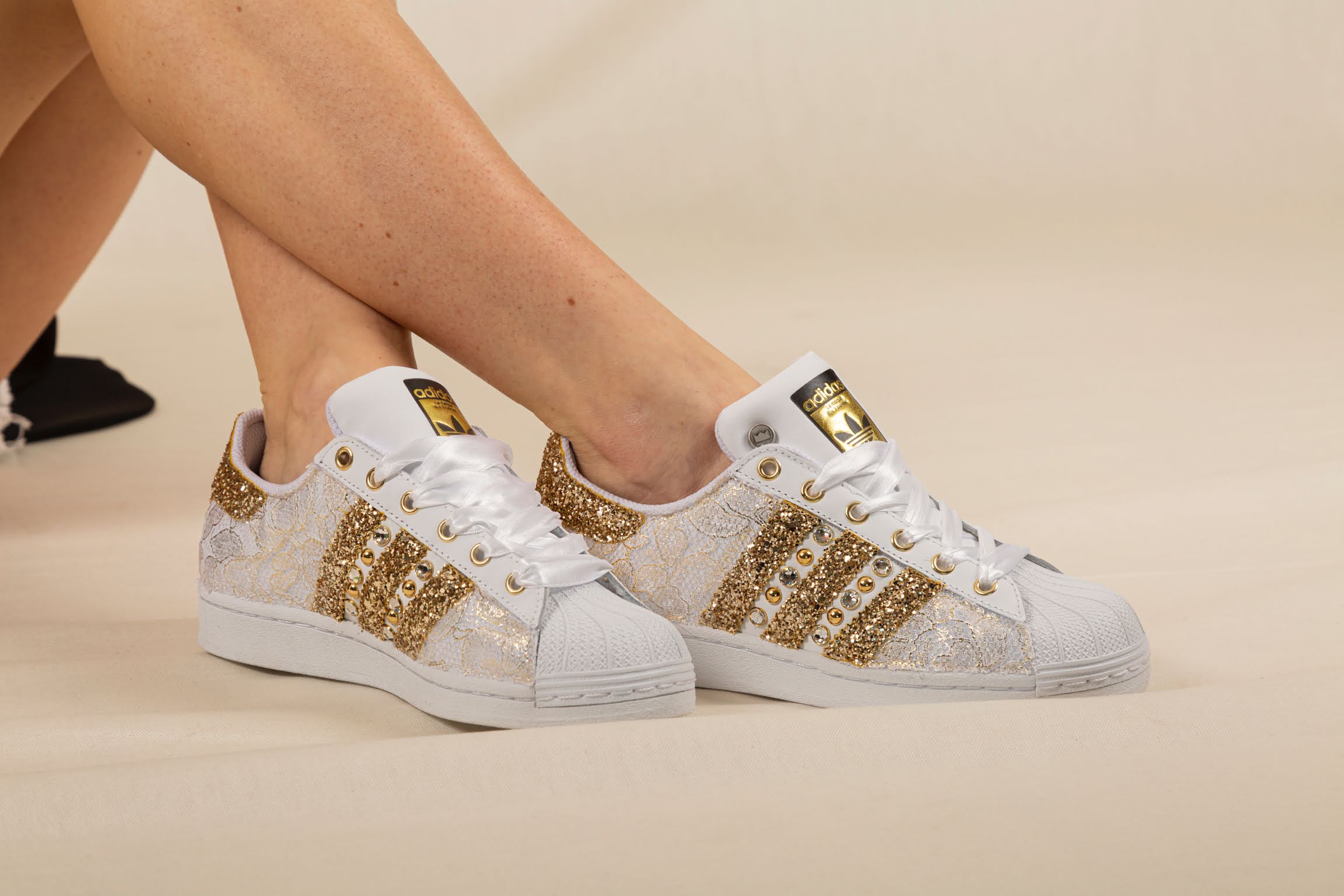 Adidas Superstar Lace White Glitter Gold Studs &amp; Rhinestones