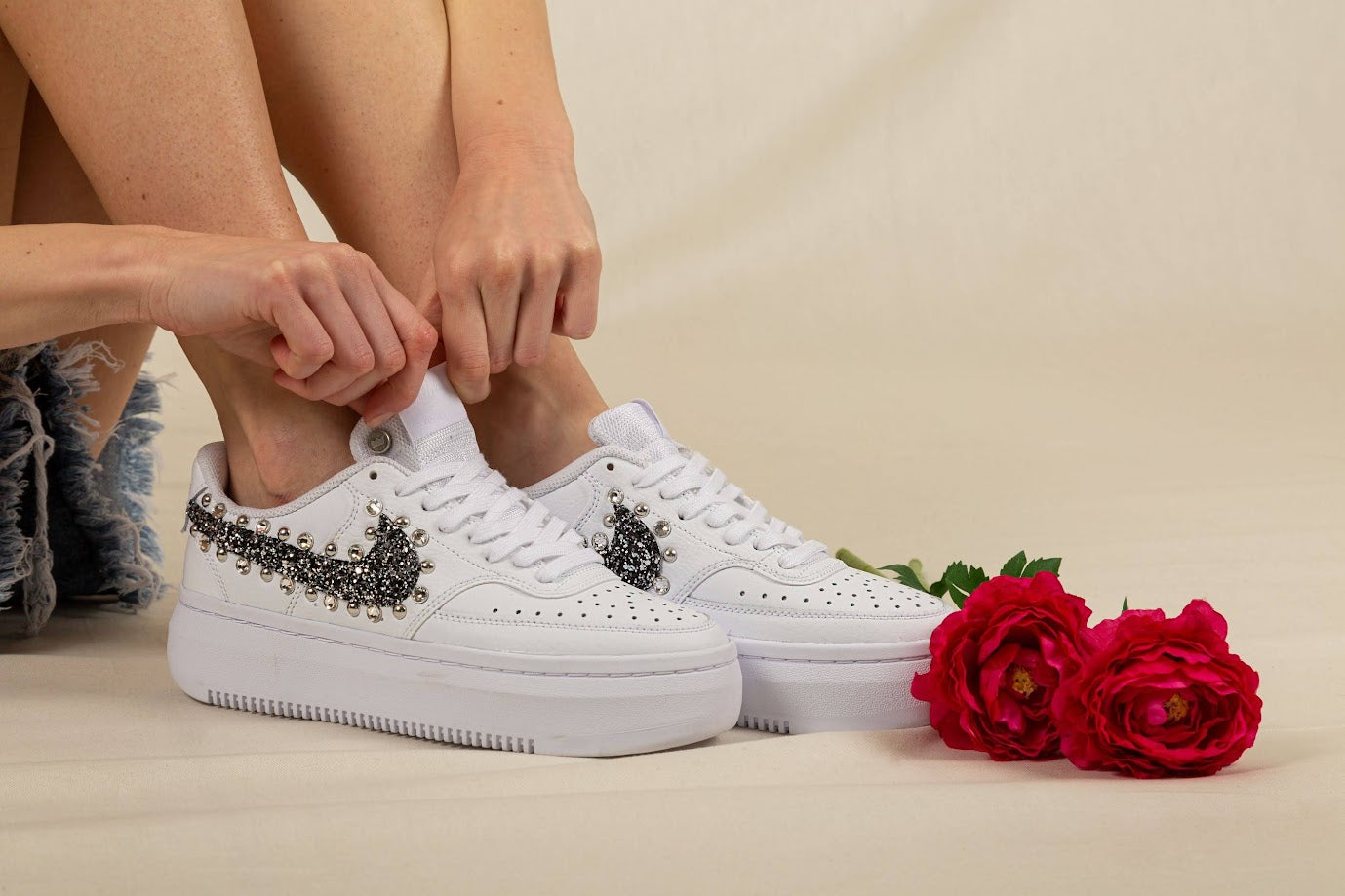 Nike Court Vision Low Platform Black Silver Glitter Borchie Strass