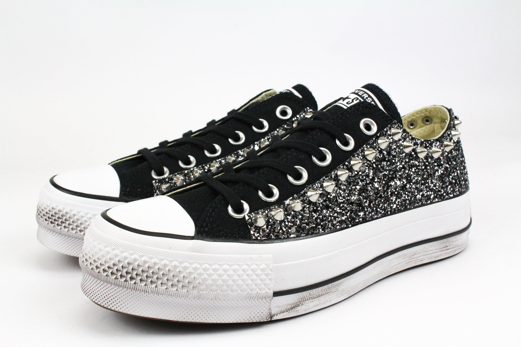 Converse All Star Platform Low Black Silver Glitter Studs