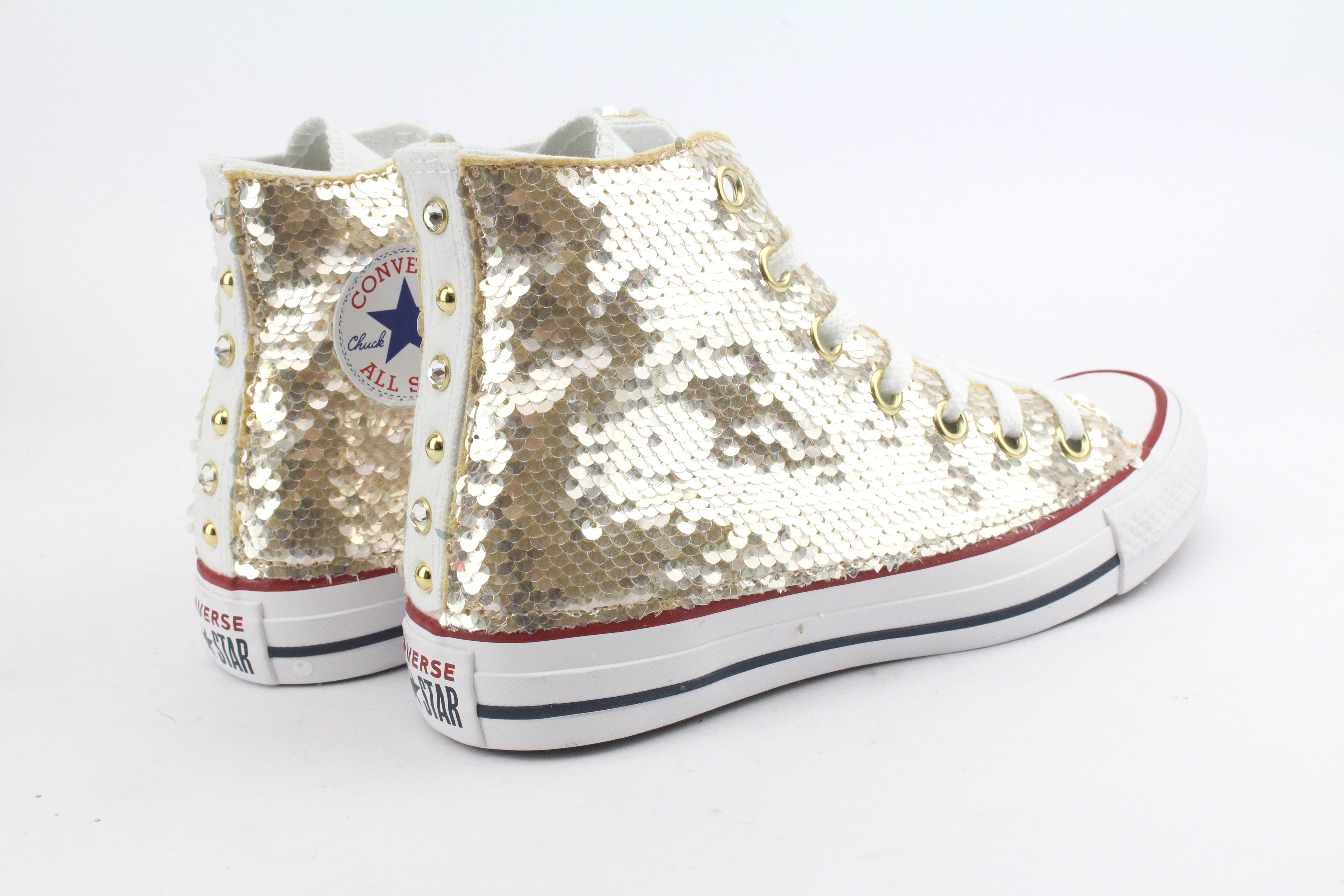 Converse All Star White Gold Sequins Studs Rhinestones