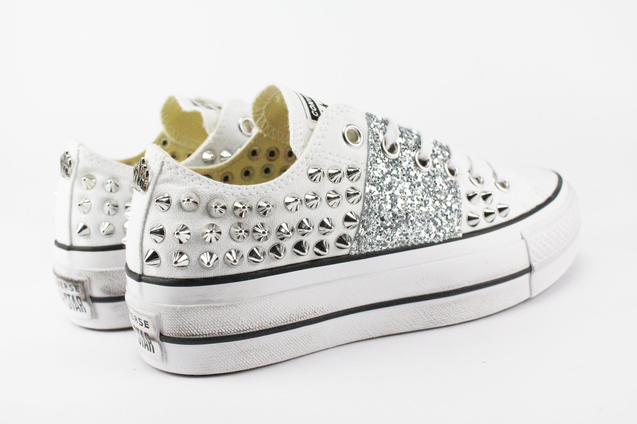 Converse All Star Platform Low White Studs Silver Glitter