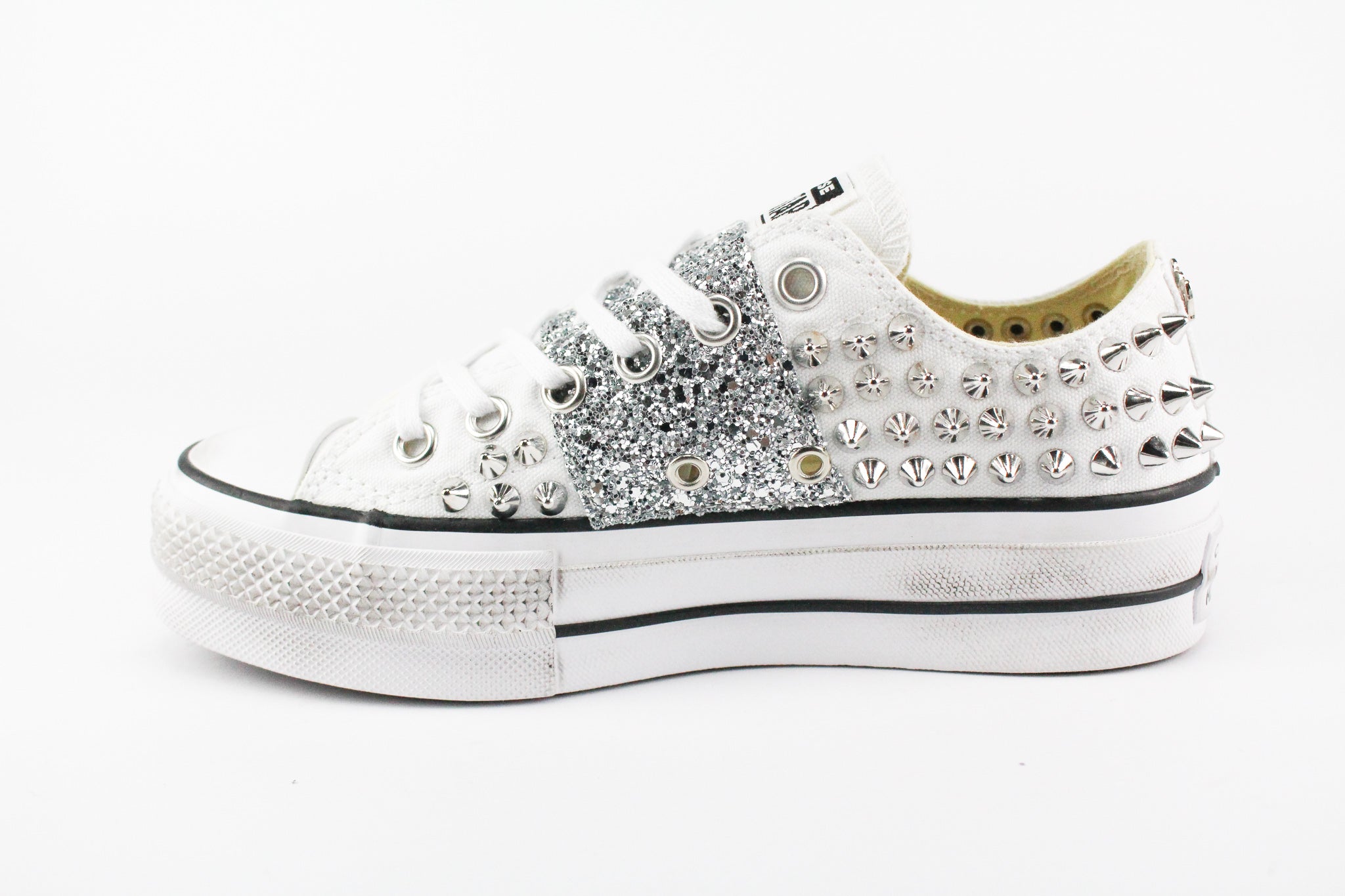 Converse All Star Platform Low White Studs Silver Glitter