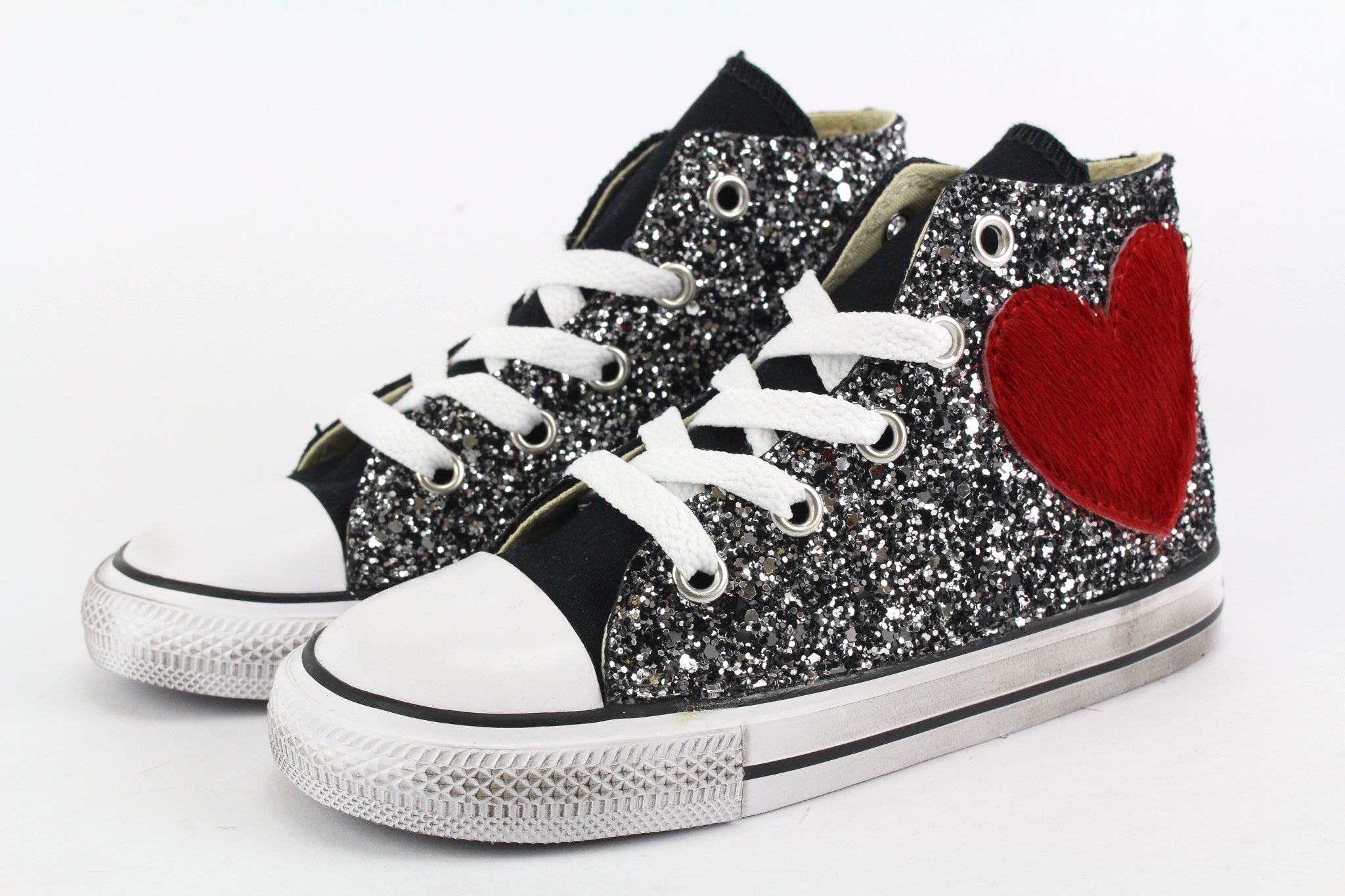 Converse All Star J Black Silver Glitter Cuore Rosso