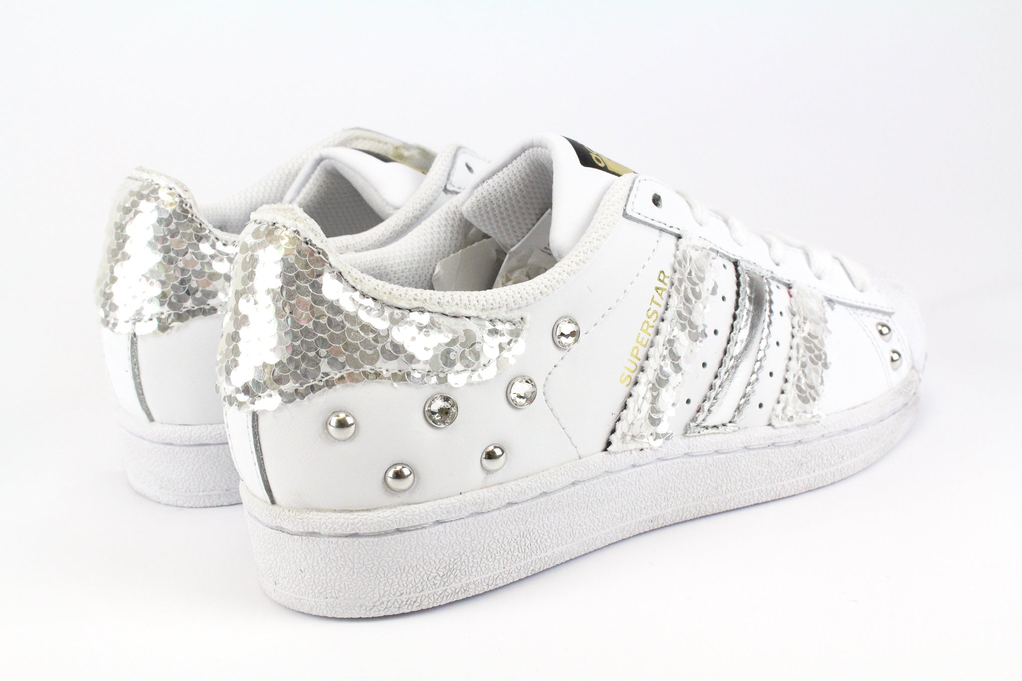 Adidas women's superstar white sparkle silver shoes hotsell