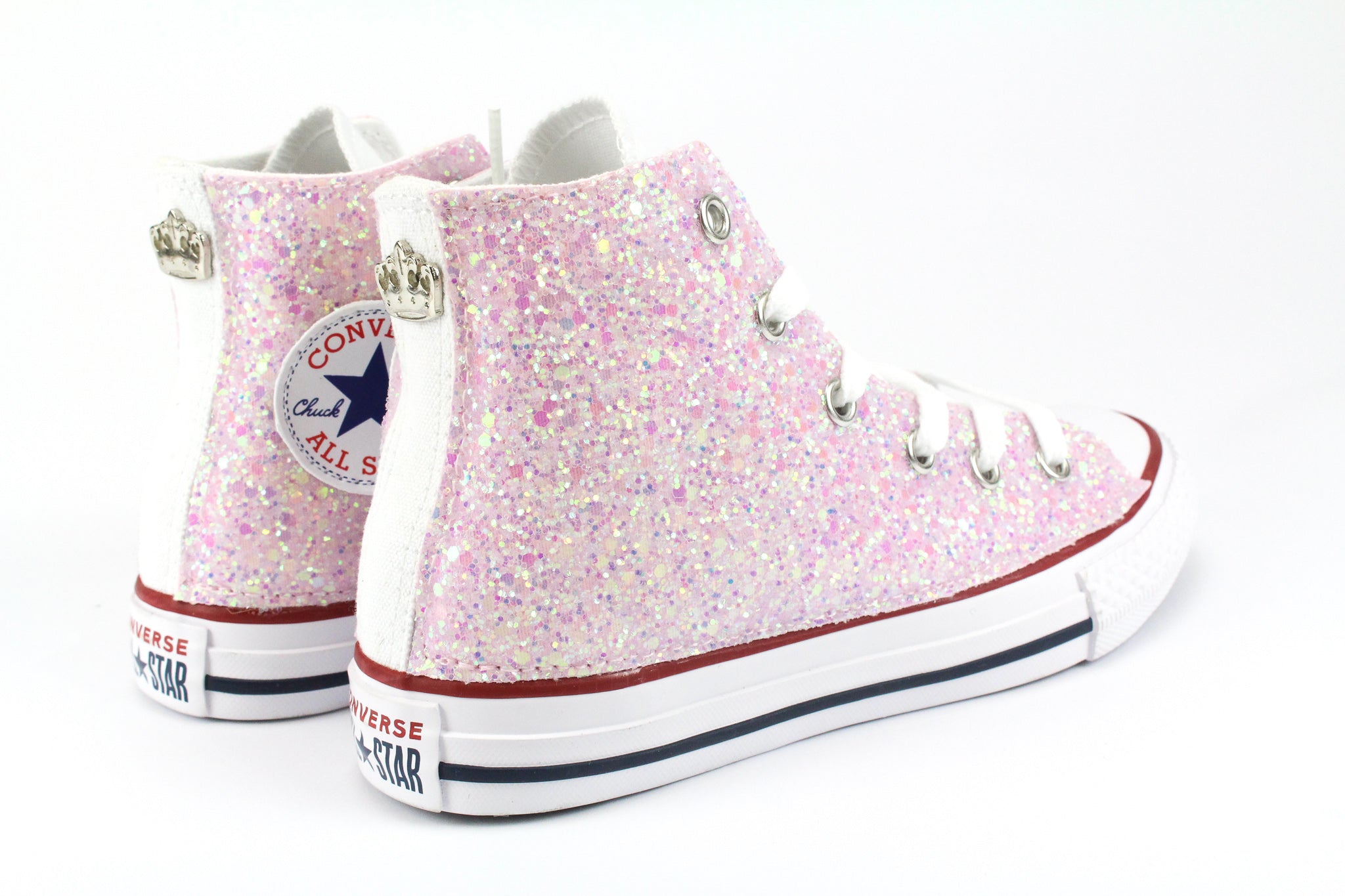 Converse All Star Bianche Personalizzate con Silver Glitter Borchie